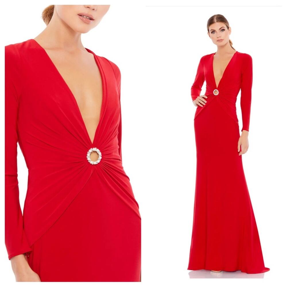 Mac Duggal Red Long Sleeve Plunge Maxi Gown with Jeweled Waist